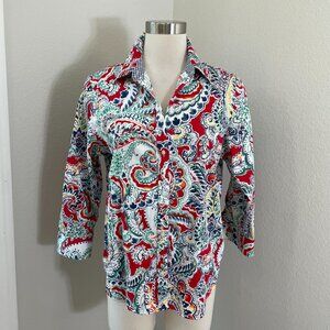 Chaps Womens Large No Iron Paisley Button Up Shirt 3/4 Sleeve Blouse Colorful